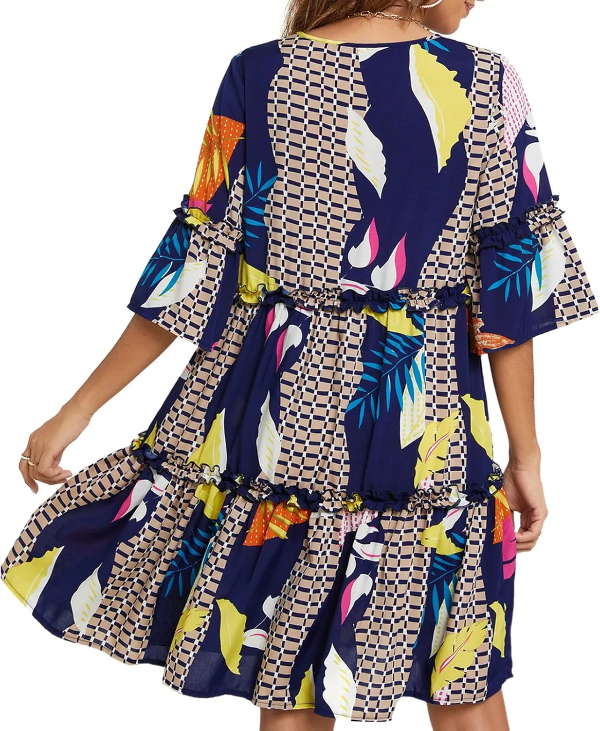 Funlingo Women's Summer Solid Flowy Tunic Mini Dress Short Sleeve V Neck Swing A-line Knee Length Dress