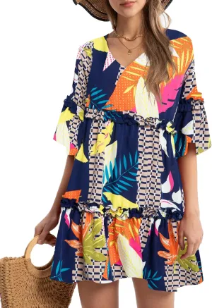 Funlingo Women's Summer Solid Flowy Tunic Mini Dress Short Sleeve V Neck Swing A-line Knee Length Dress