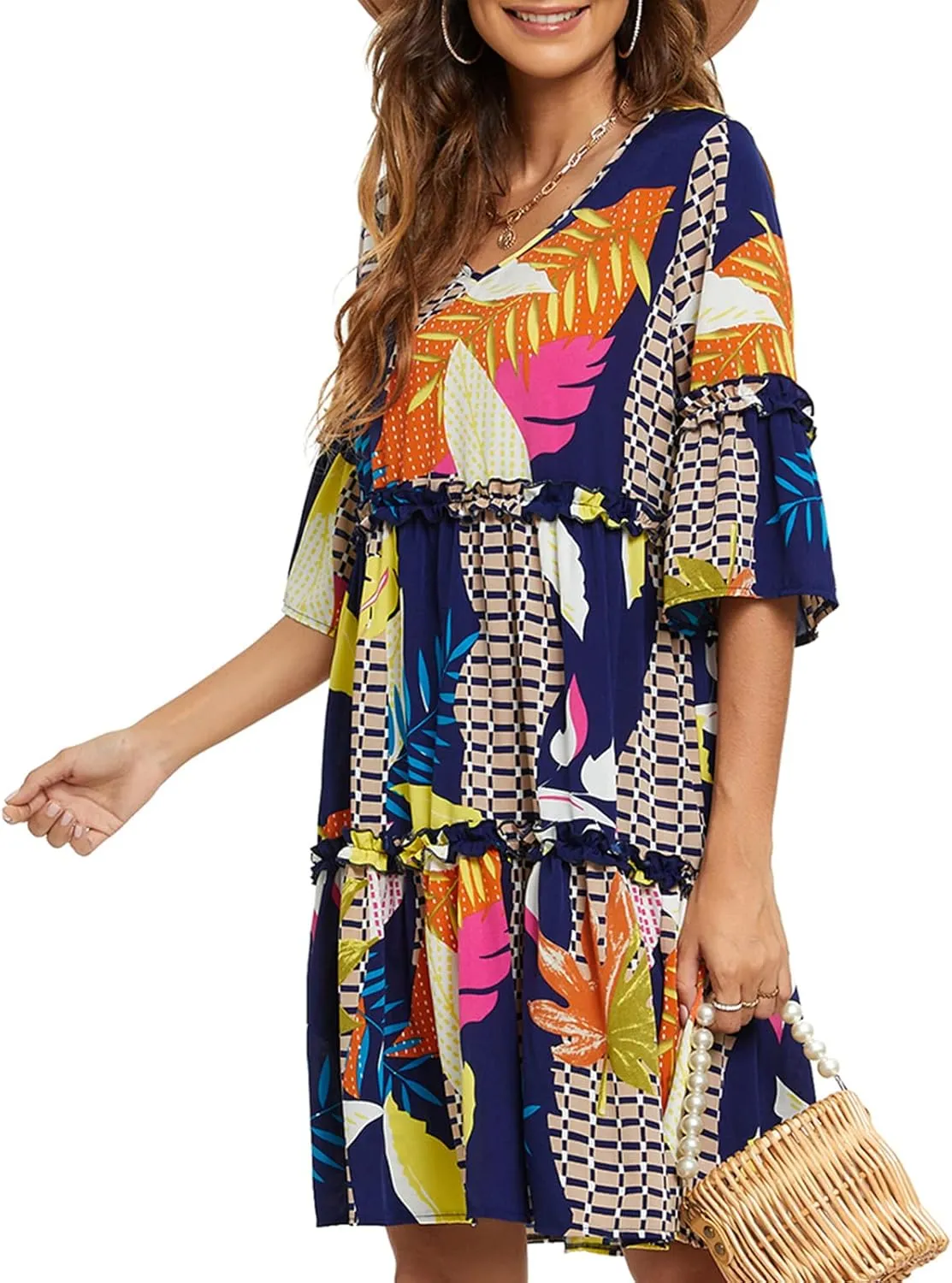 Funlingo Women's Summer Solid Flowy Tunic Mini Dress Short Sleeve V Neck Swing A-line Knee Length Dress