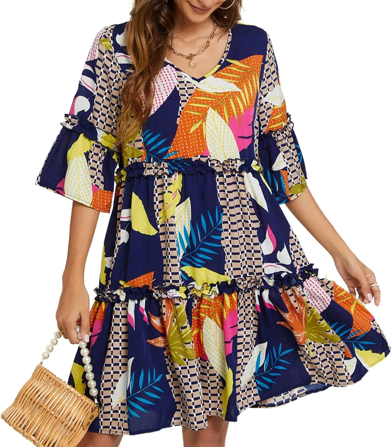 Funlingo Women's Summer Solid Flowy Tunic Mini Dress Short Sleeve V Neck Swing A-line Knee Length Dress
