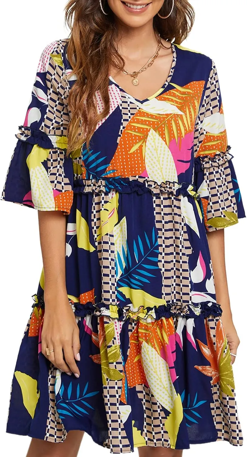 Funlingo Women's Summer Solid Flowy Tunic Mini Dress Short Sleeve V Neck Swing A-line Knee Length Dress