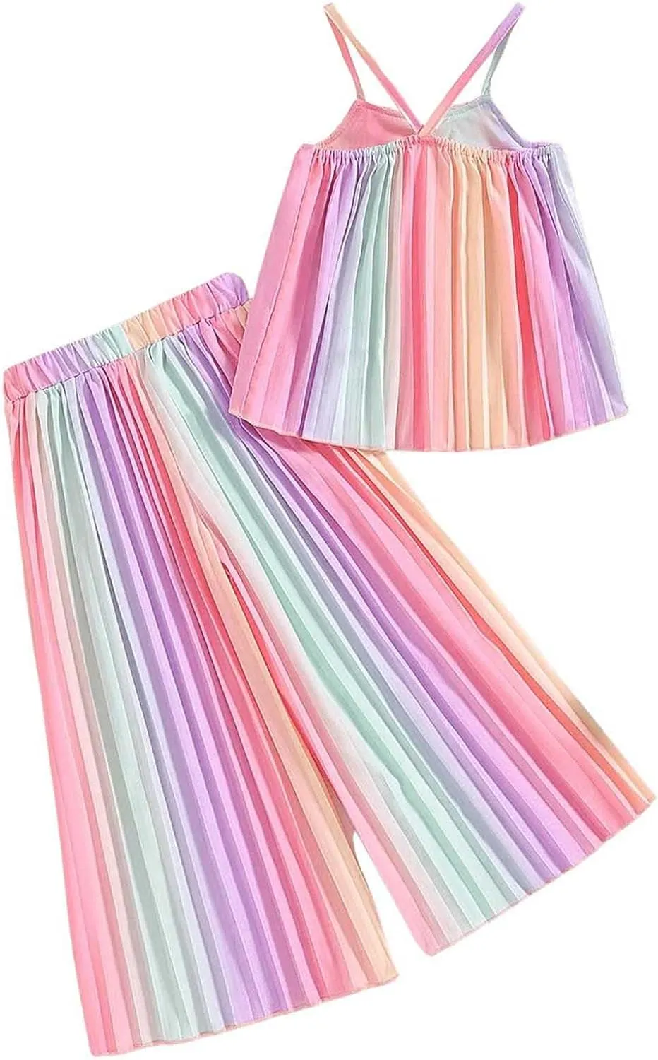 Girl's 2 Piece Boho Outfits Pleated Spaghetti Strap Camisoles and Elastic Waist Wide Leg Pants