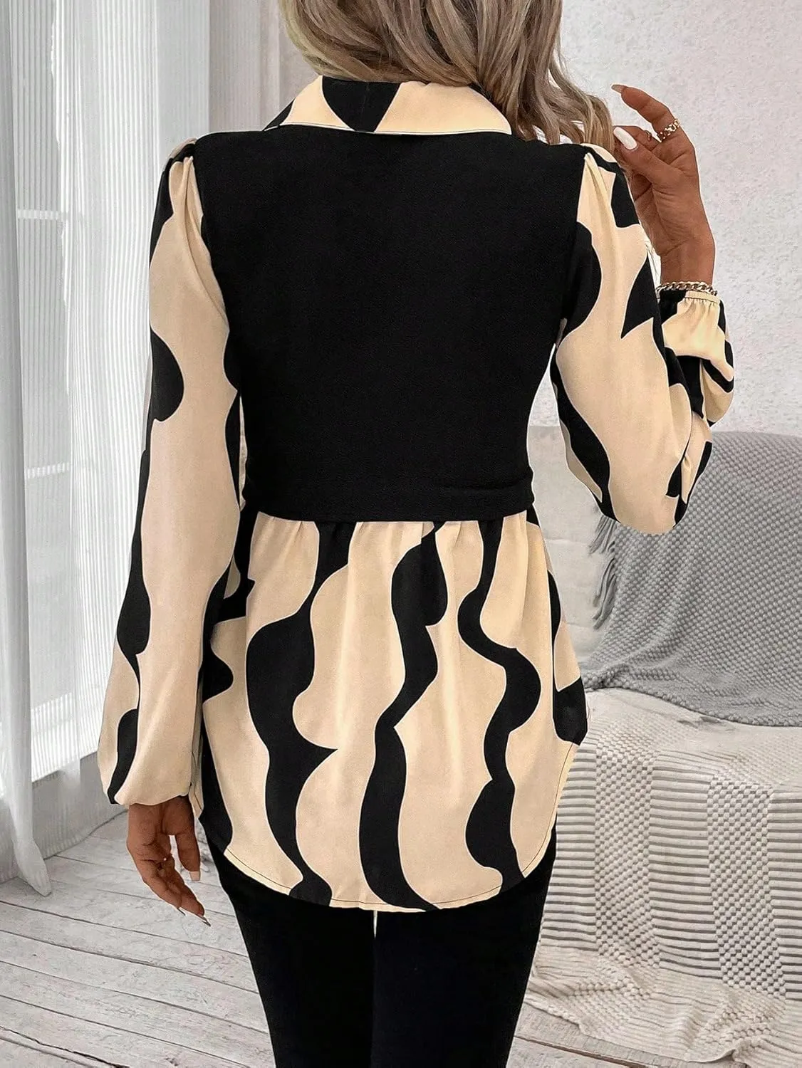 GORGLITTER Women's Button Down Patchwork 2 in 1 Peplum Blouse Top Long Sleeve Collared Tunics Shirt