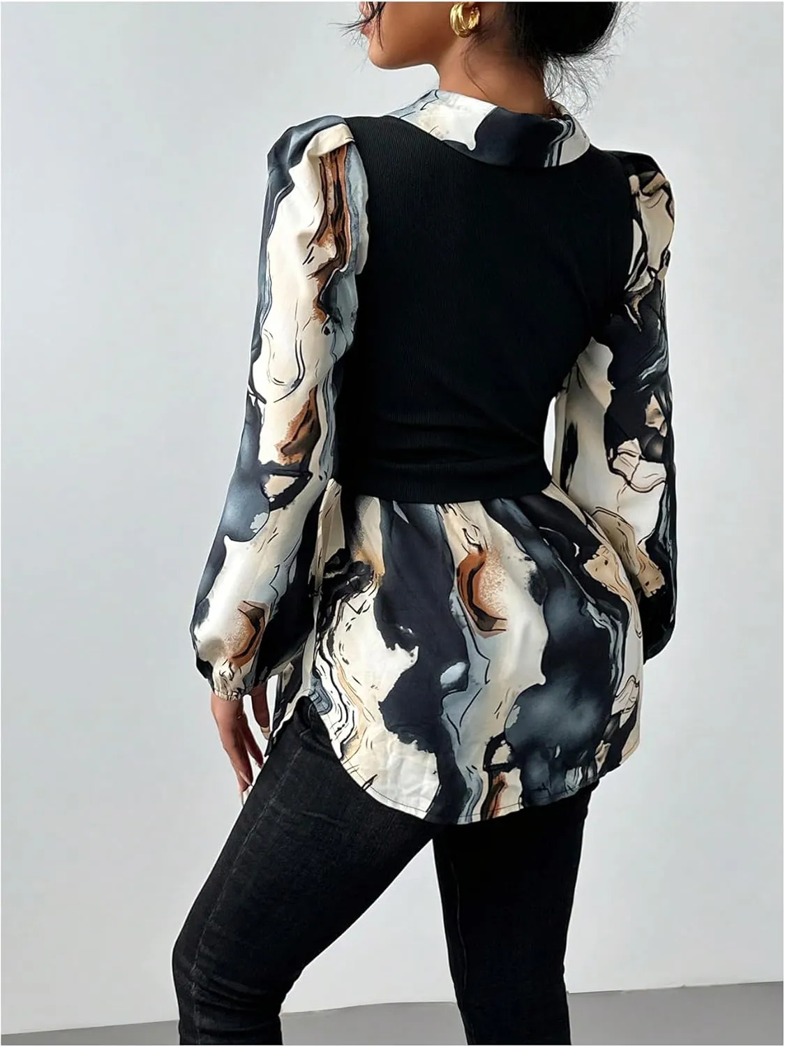 GORGLITTER Women's Button Down Patchwork 2 in 1 Peplum Blouse Top Long Sleeve Collared Tunics Shirt