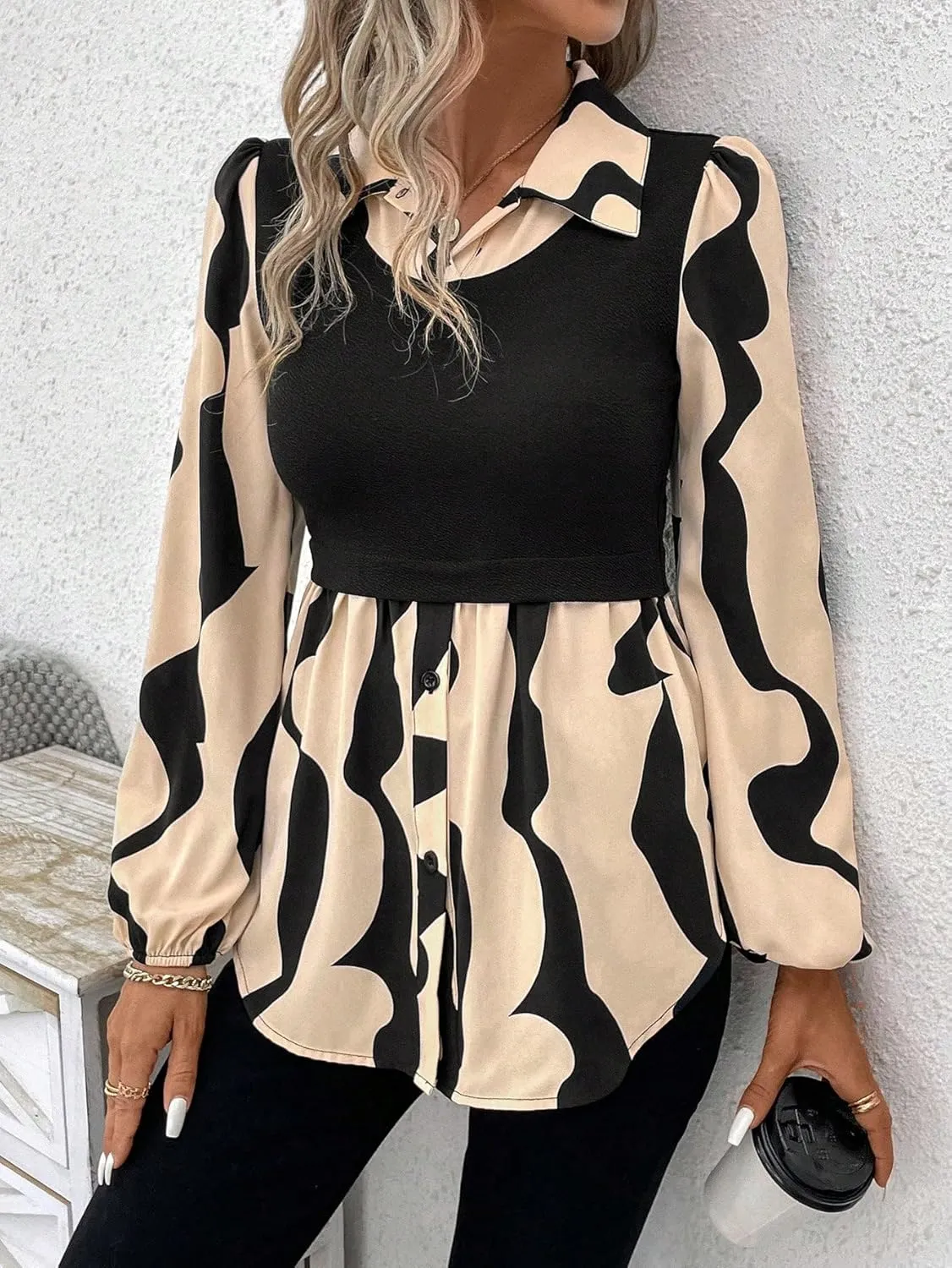 GORGLITTER Women's Button Down Patchwork 2 in 1 Peplum Blouse Top Long Sleeve Collared Tunics Shirt