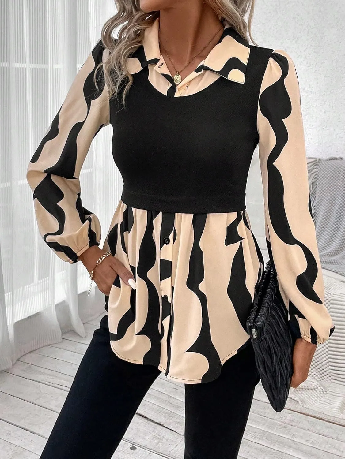 GORGLITTER Women's Button Down Patchwork 2 in 1 Peplum Blouse Top Long Sleeve Collared Tunics Shirt