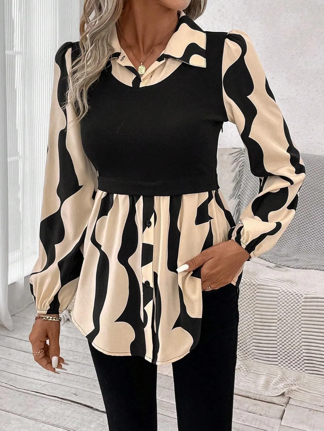 GORGLITTER Women's Button Down Patchwork 2 in 1 Peplum Blouse Top Long Sleeve Collared Tunics Shirt