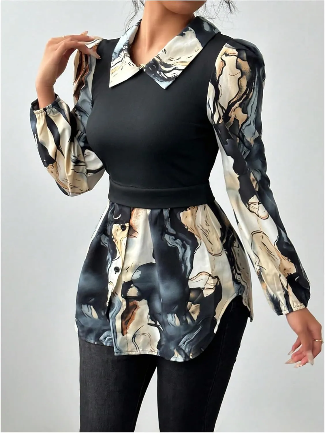 GORGLITTER Women's Button Down Patchwork 2 in 1 Peplum Blouse Top Long Sleeve Collared Tunics Shirt