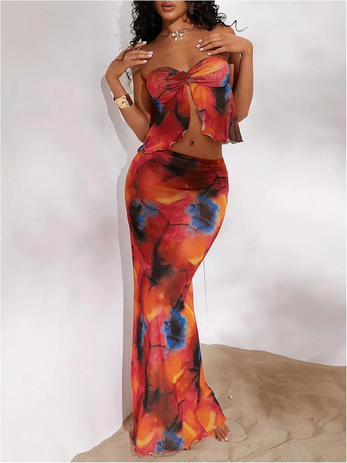 GORGLITTER Women's Mesh 2 Piece Sets Strapless Baneau Tube Top and Tie Dye Maxi Skirts Set Crop Tops Set Summer Outfits