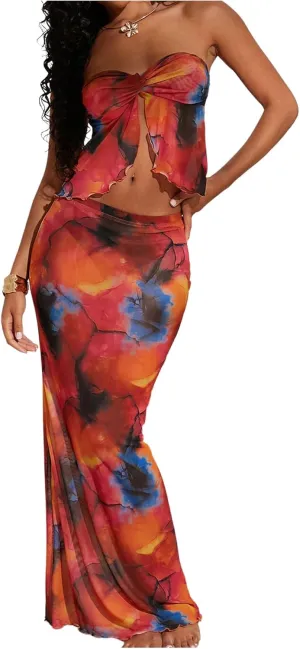 GORGLITTER Women's Mesh 2 Piece Sets Strapless Baneau Tube Top and Tie Dye Maxi Skirts Set Crop Tops Set Summer Outfits