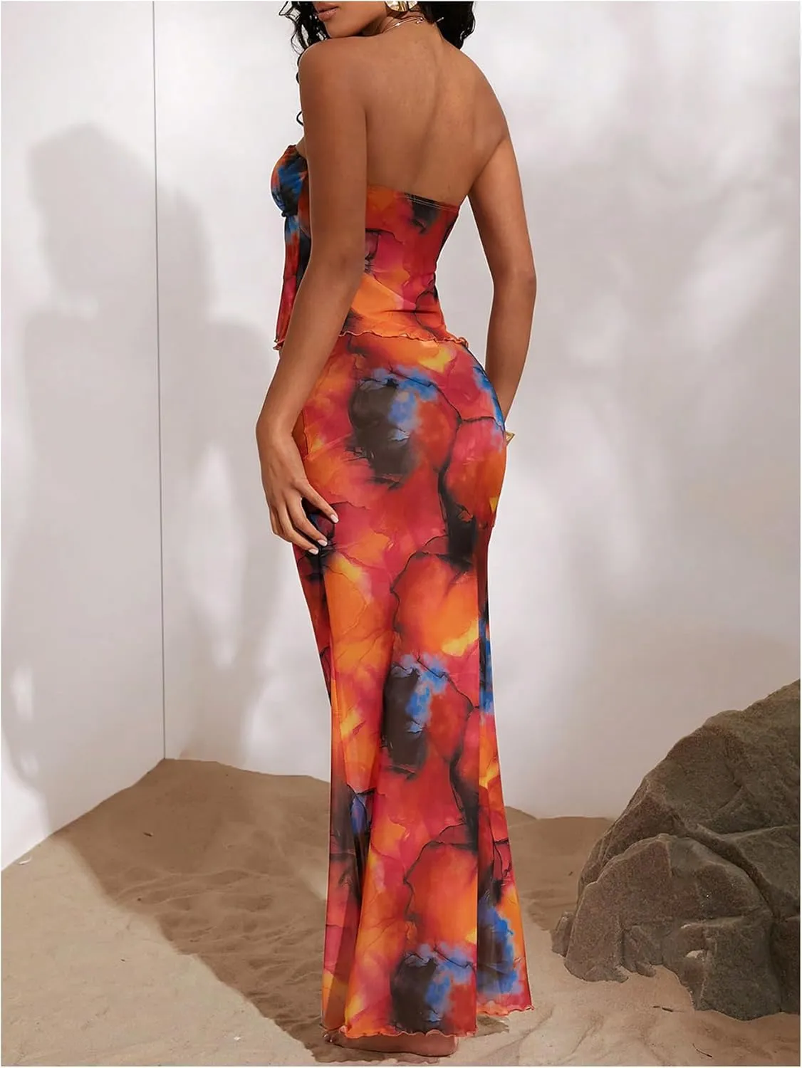 GORGLITTER Women's Mesh 2 Piece Sets Strapless Baneau Tube Top and Tie Dye Maxi Skirts Set Crop Tops Set Summer Outfits