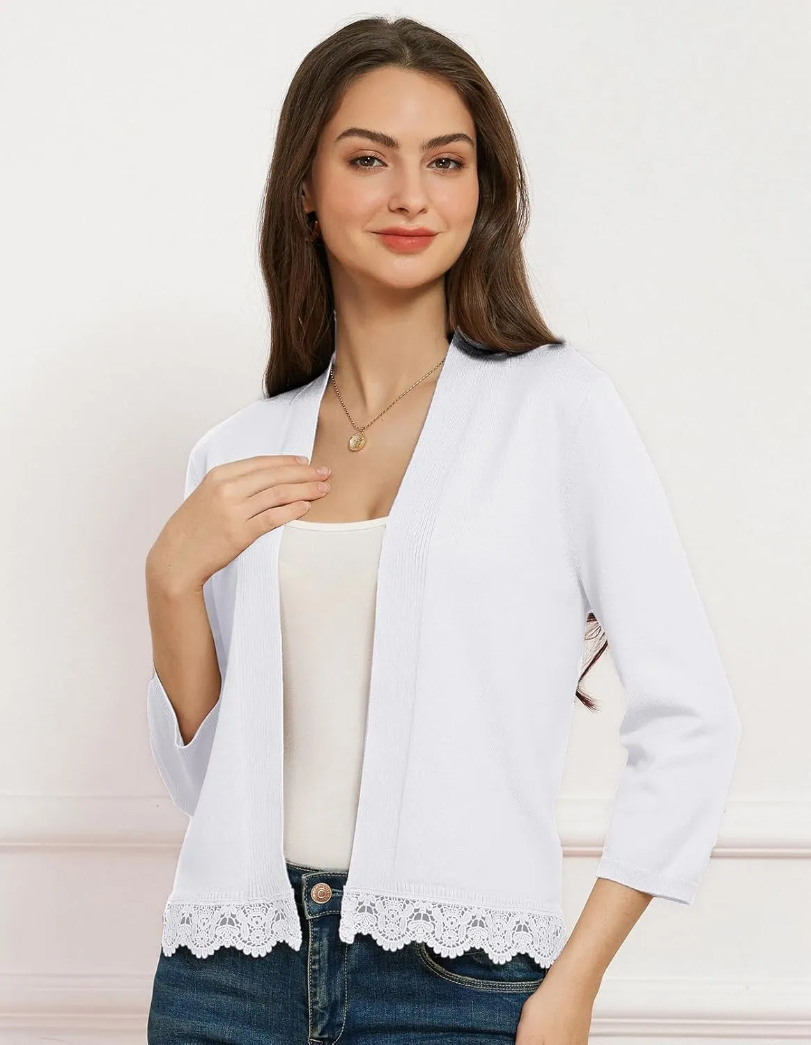 GRACE KARIN Women 3/4 Sleeve Cropped Cardigan Open Front V Neck Lace Lightweight Bolero Short Shrugs 2025 Summer