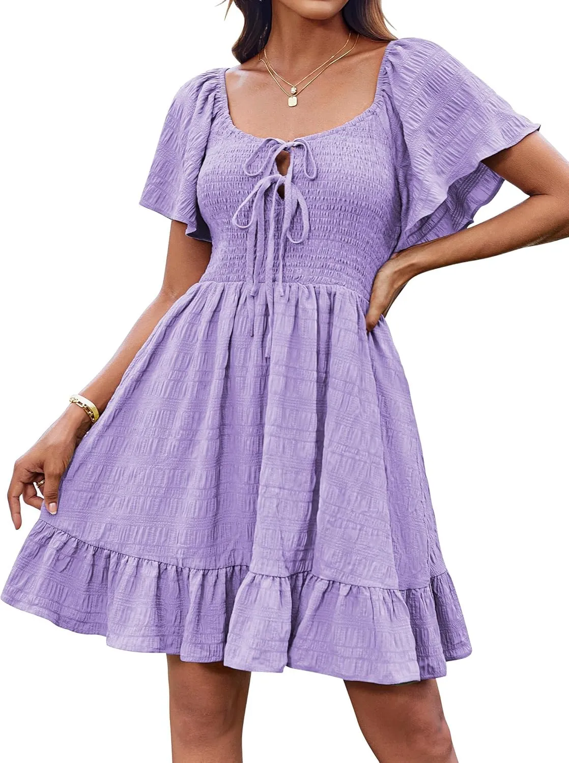 GRACE KARIN Womens Summer Short Sleeve Mini Dress Off Shoulder Tie Front Smocked Babydoll Dress Flowy A Line Casual Sundress