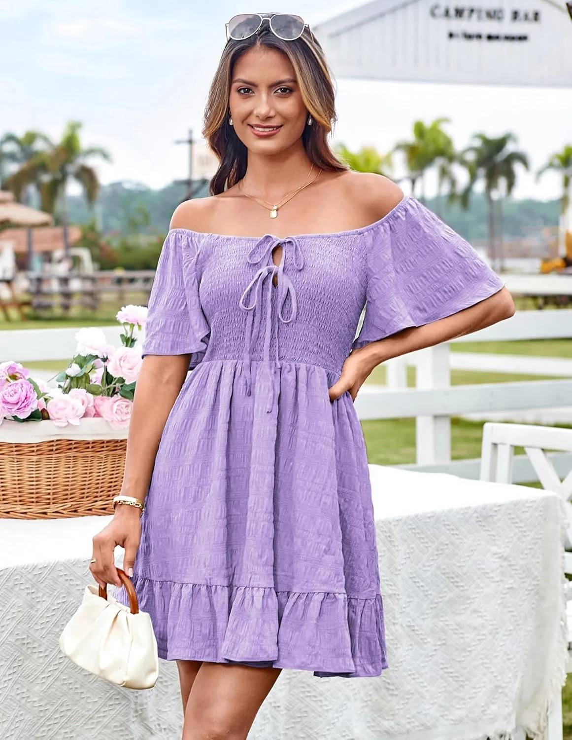 GRACE KARIN Womens Summer Short Sleeve Mini Dress Off Shoulder Tie Front Smocked Babydoll Dress Flowy A Line Casual Sundress