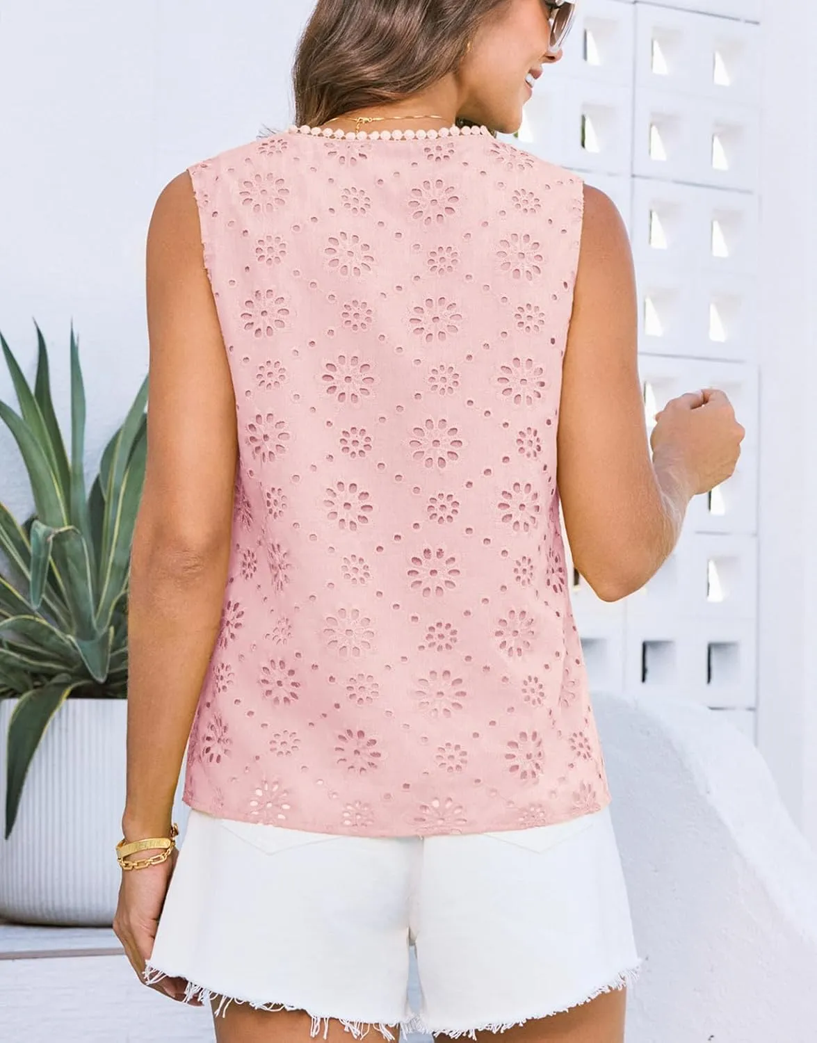 GRACE KARIN Women's Summer Tops Dressy Casual Sleeveless V Neck Bow Tie Hollow Out Lace Eyelet Tank Top Blouses Shirts