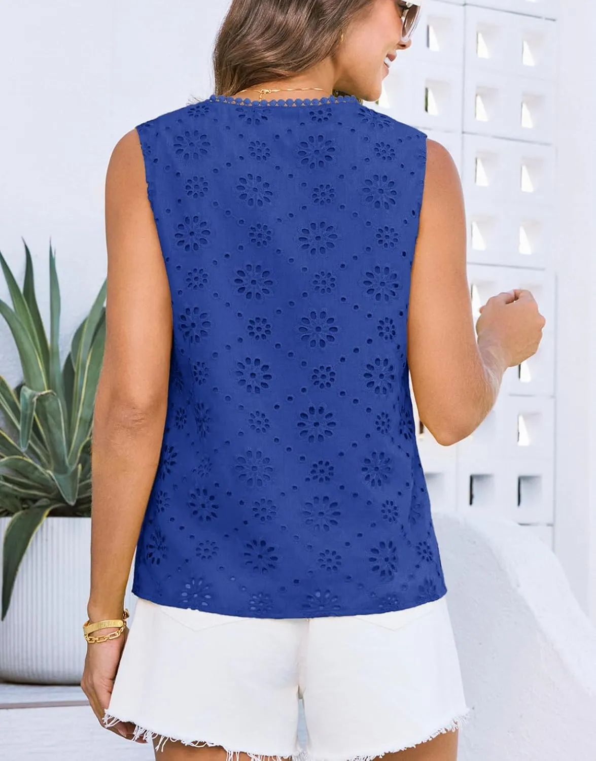 GRACE KARIN Women's Summer Tops Dressy Casual Sleeveless V Neck Bow Tie Hollow Out Lace Eyelet Tank Top Blouses Shirts