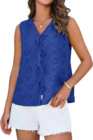 GRACE KARIN Women's Summer Tops Dressy Casual Sleeveless V Neck Bow Tie Hollow Out Lace Eyelet Tank Top Blouses Shirts