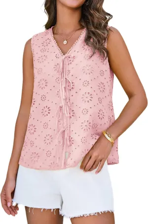 GRACE KARIN Women's Summer Tops Dressy Casual Sleeveless V Neck Bow Tie Hollow Out Lace Eyelet Tank Top Blouses Shirts
