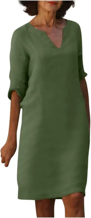 Grandmother of The Bride Dresses Half Sleeve V Neck Cotton Linen Midi Dress Vintage Casual Lightweight T Shirt Dress