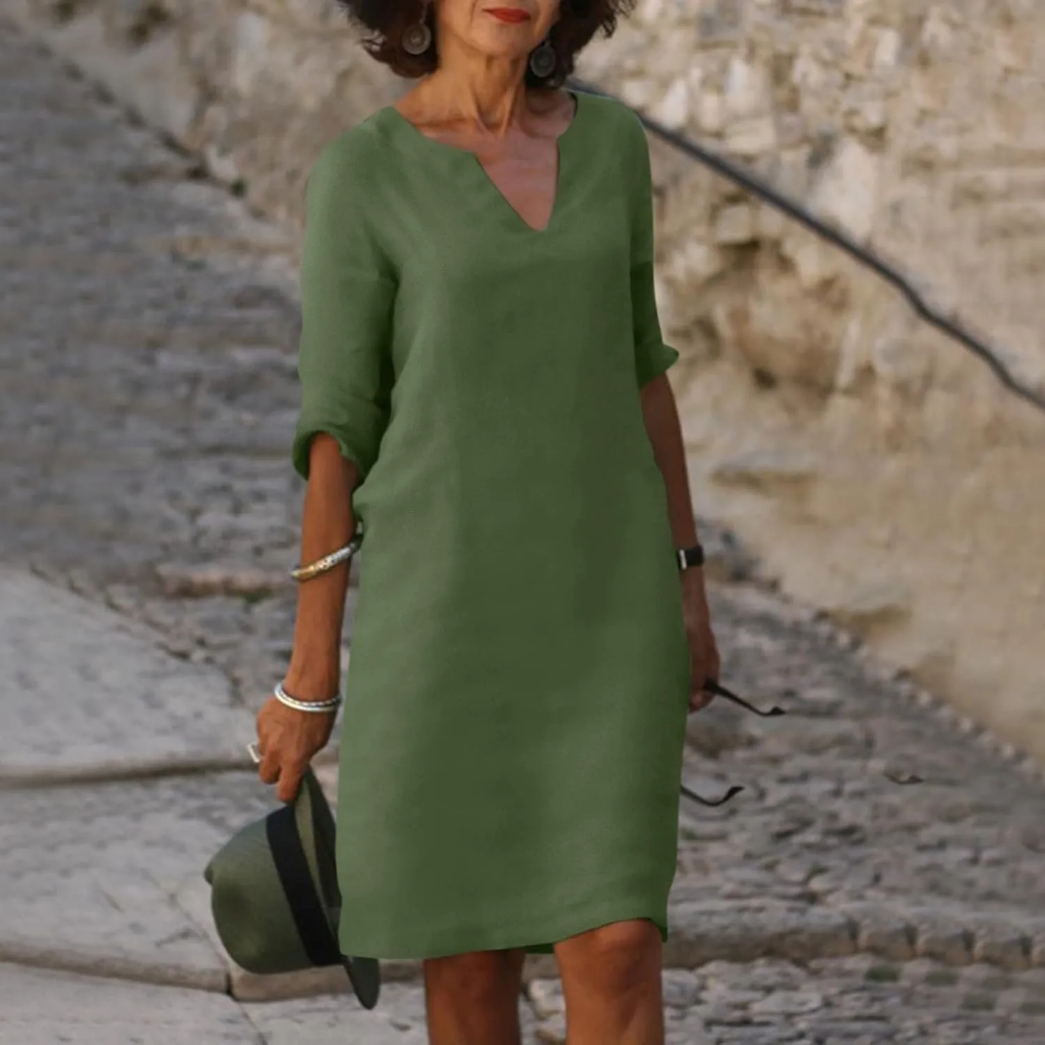 Grandmother of The Bride Dresses Half Sleeve V Neck Cotton Linen Midi Dress Vintage Casual Lightweight T Shirt Dress