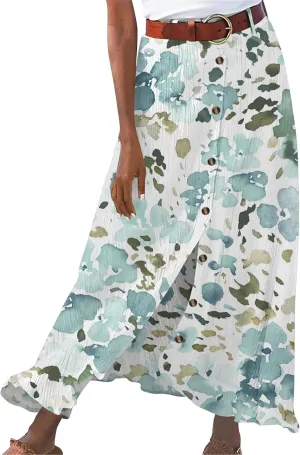 GRASWE Womens Button Front High Waist Casual Maxi Skirt Work Office Cotton Linen Long Skirt Loose A Line Skirt