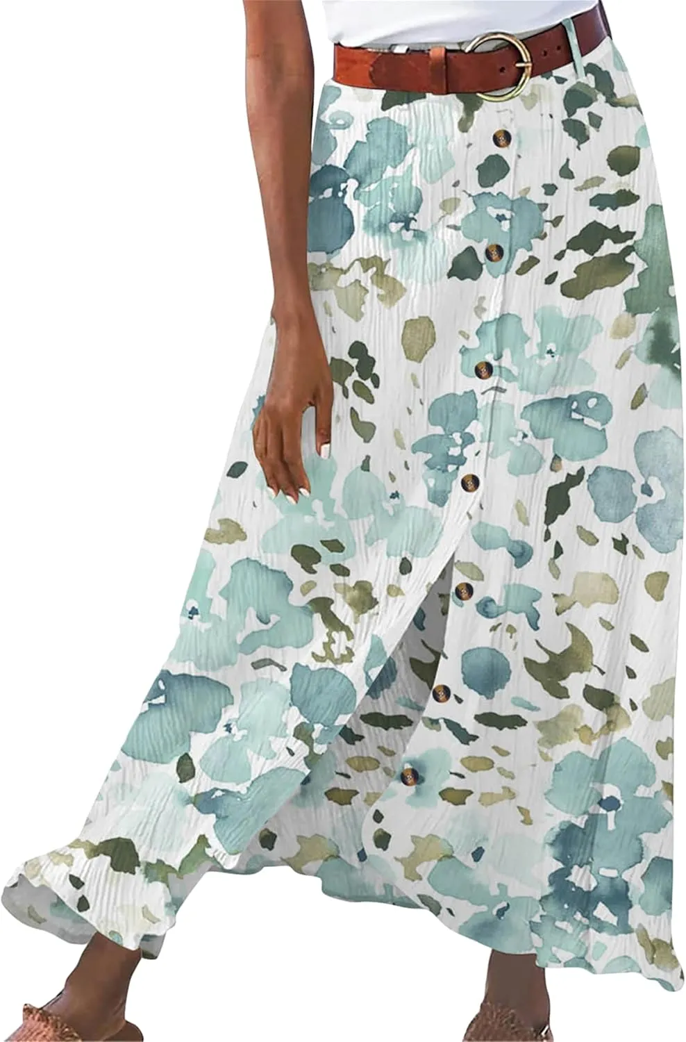GRASWE Womens Button Front High Waist Casual Maxi Skirt Work Office Cotton Linen Long Skirt Loose A Line Skirt