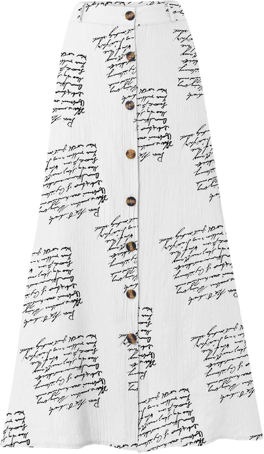 GRASWE Womens Button Front High Waist Casual Maxi Skirt Work Office Cotton Linen Long Skirt Loose A Line Skirt