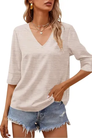 Grlasen Women Fashion Half Sleeve V-Neck T-Shirt Solid Loose Basic Tops