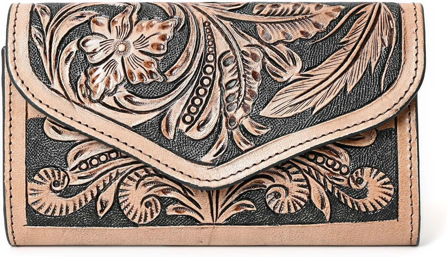 Hand-Tooled Leather Wallet for Women  RFID Blocking Vintage Cowhide Clutch | Long Western Style Purse with Large Capacity, Card Slots & Phone Holder