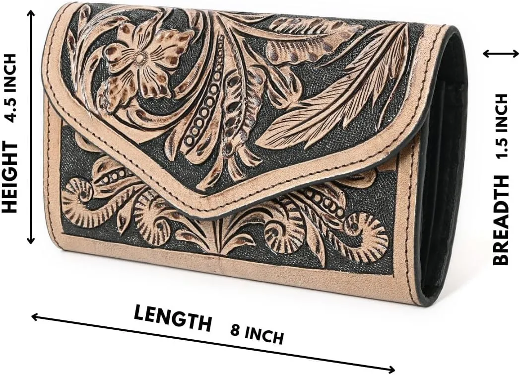 Hand-Tooled Leather Wallet for Women  RFID Blocking Vintage Cowhide Clutch | Long Western Style Purse with Large Capacity, Card Slots & Phone Holder