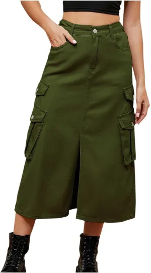 HGps8w Womens Summer Split Front Cargo Skirt Casual High Waisted A-Line Midi Long Denim Skirts