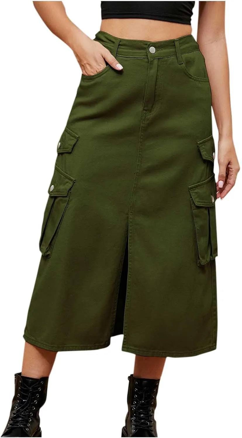 HGps8w Womens Summer Split Front Cargo Skirt Casual High Waisted A-Line Midi Long Denim Skirts