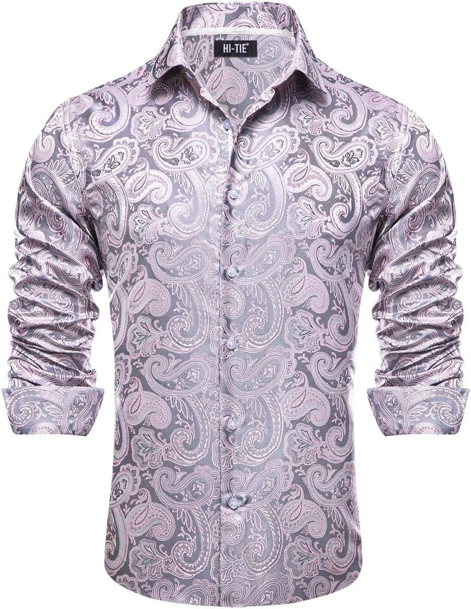 Hi-Tie Men Dress Shirts Long Sleeve Casual Button Down Regular Fit Shirts Formal Wedding Button Up Business Party Shirt,Silver Pink Paisley,Small