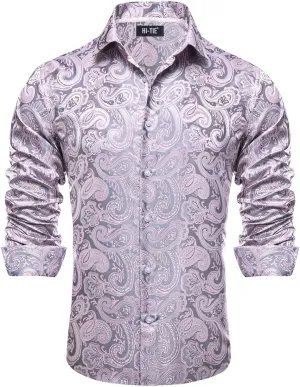 Hi-Tie Men Dress Shirts Long Sleeve Casual Button Down Regular Fit Shirts Formal Wedding Button Up Business Party Shirt,Silver Pink Paisley,Small