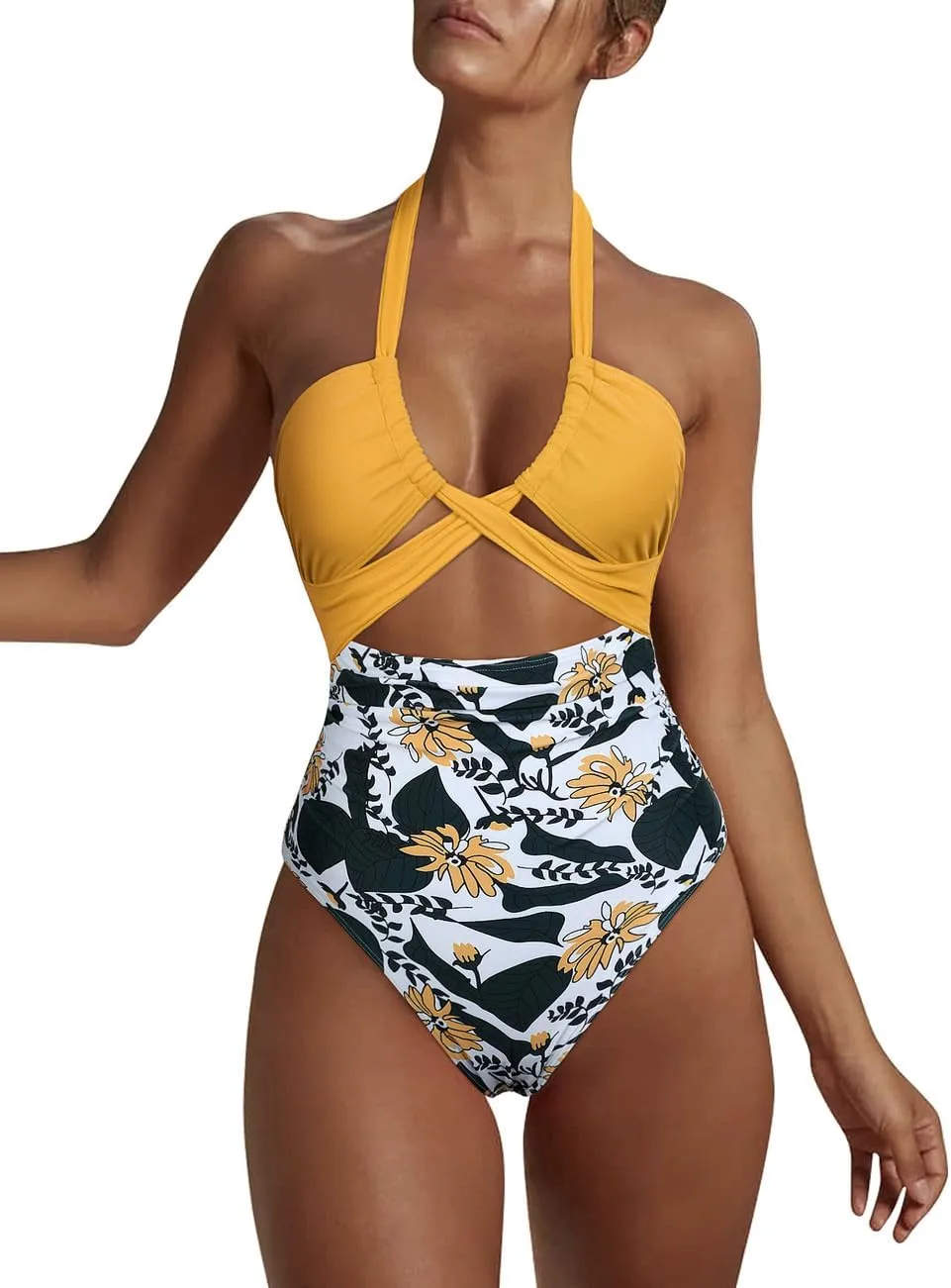 Hilor Women's One Piece Swimsuit Sexy Cutout Halter Bathing Suits Crossover High Cut Monokini Swimwear