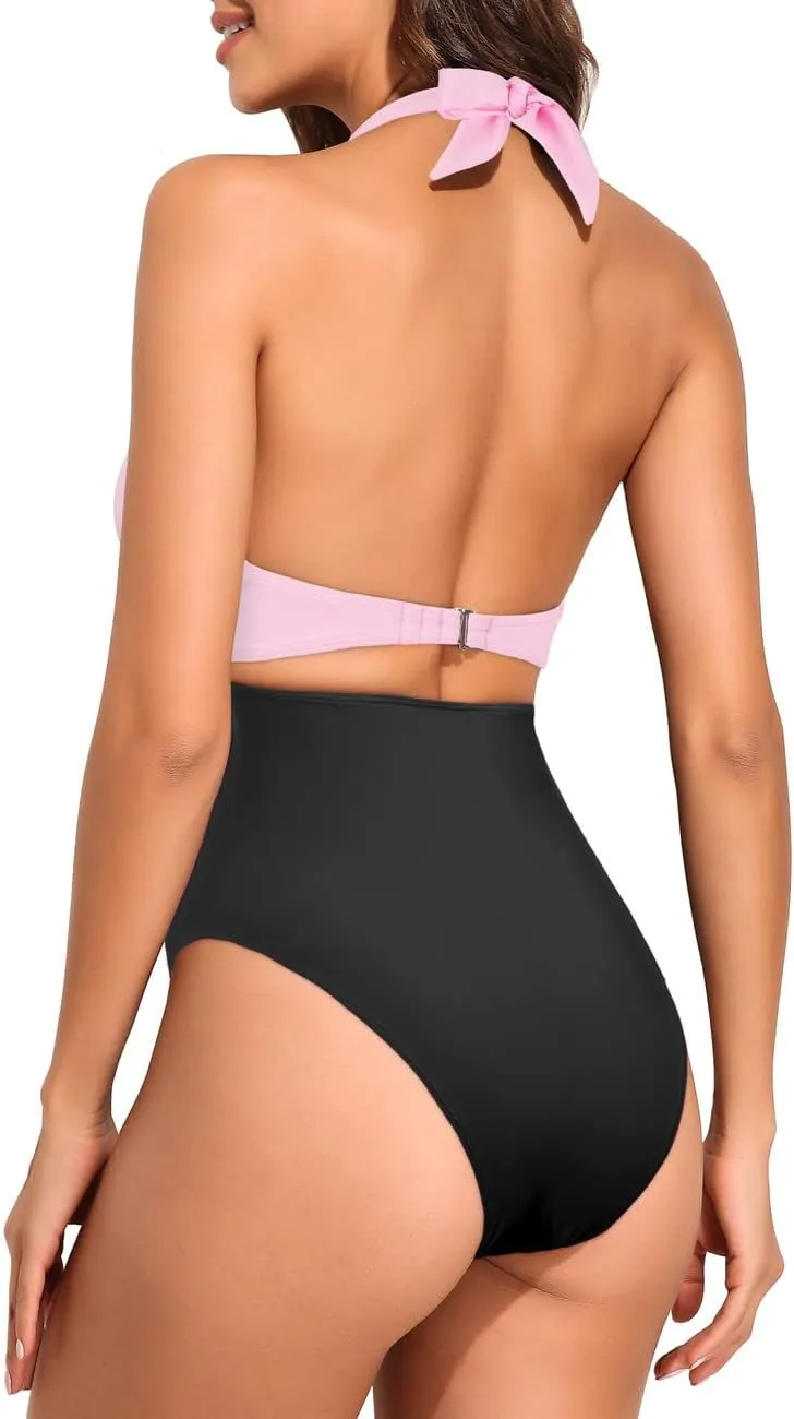 Hilor Women's One Piece Swimsuit Sexy Cutout Halter Bathing Suits Crossover High Cut Monokini Swimwear