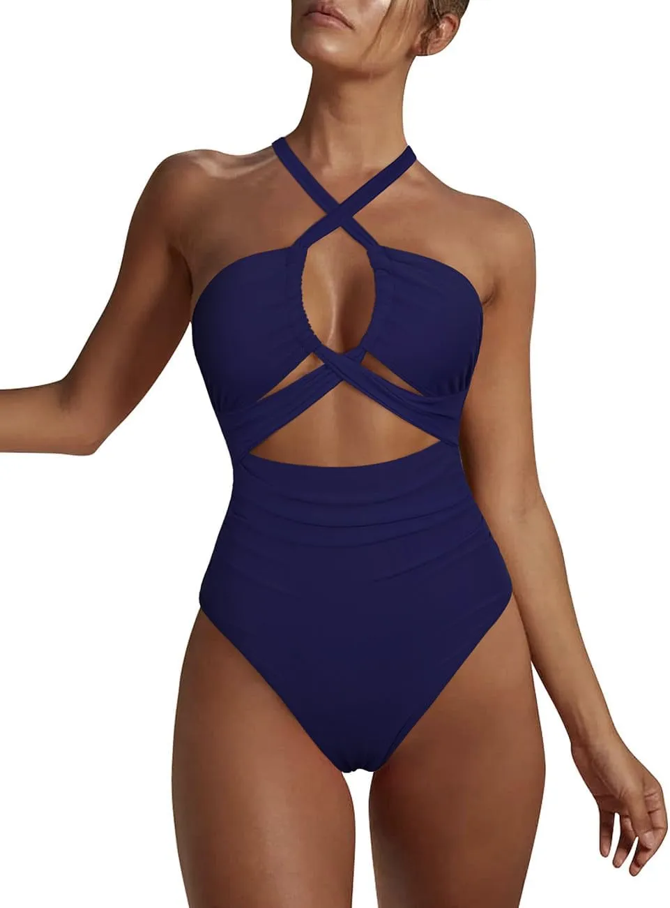 Hilor Women's One Piece Swimsuit Sexy Cutout Halter Bathing Suits Crossover High Cut Monokini Swimwear