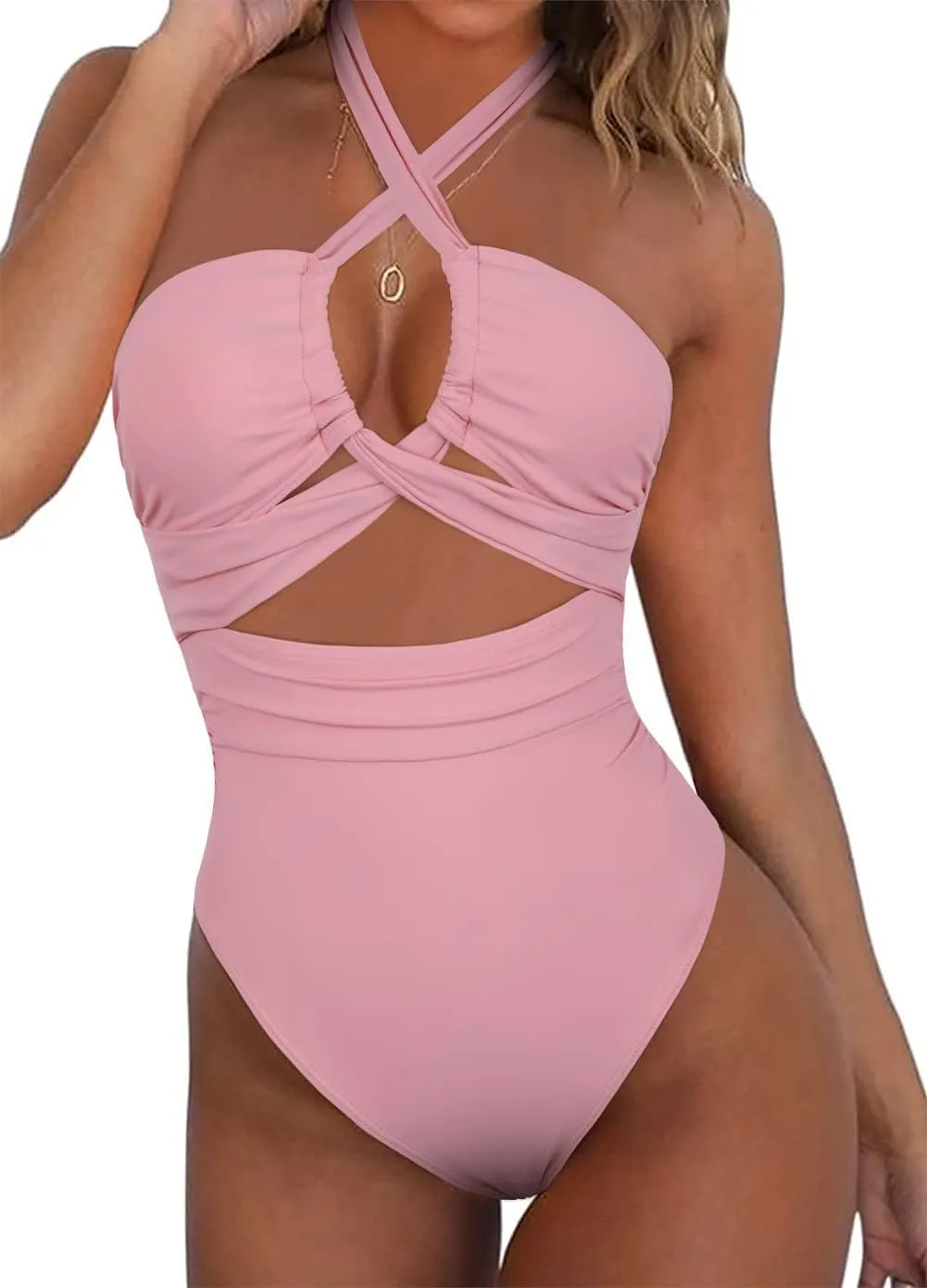 Hilor Women's One Piece Swimsuit Sexy Cutout Halter Bathing Suits Crossover High Cut Monokini Swimwear