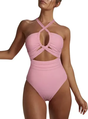 Hilor Women's One Piece Swimsuit Sexy Cutout Halter Bathing Suits Crossover High Cut Monokini Swimwear