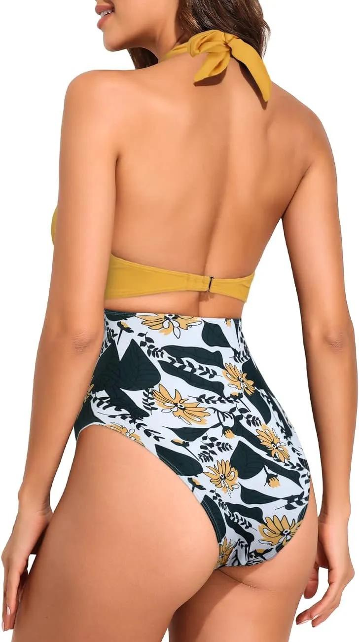 Hilor Women's One Piece Swimsuit Sexy Cutout Halter Bathing Suits Crossover High Cut Monokini Swimwear