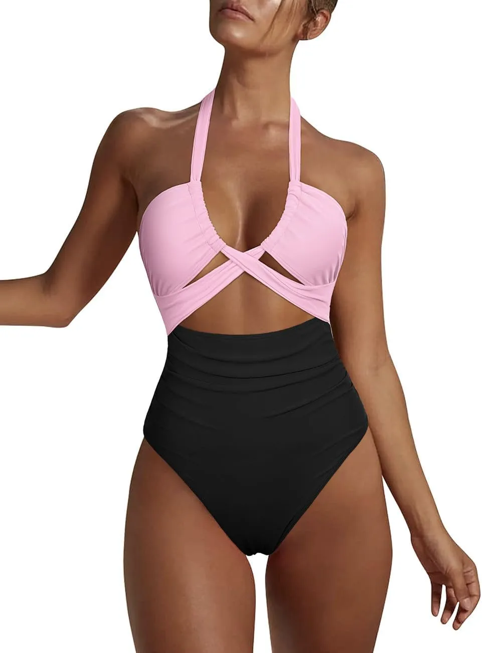 Hilor Women's One Piece Swimsuit Sexy Cutout Halter Bathing Suits Crossover High Cut Monokini Swimwear