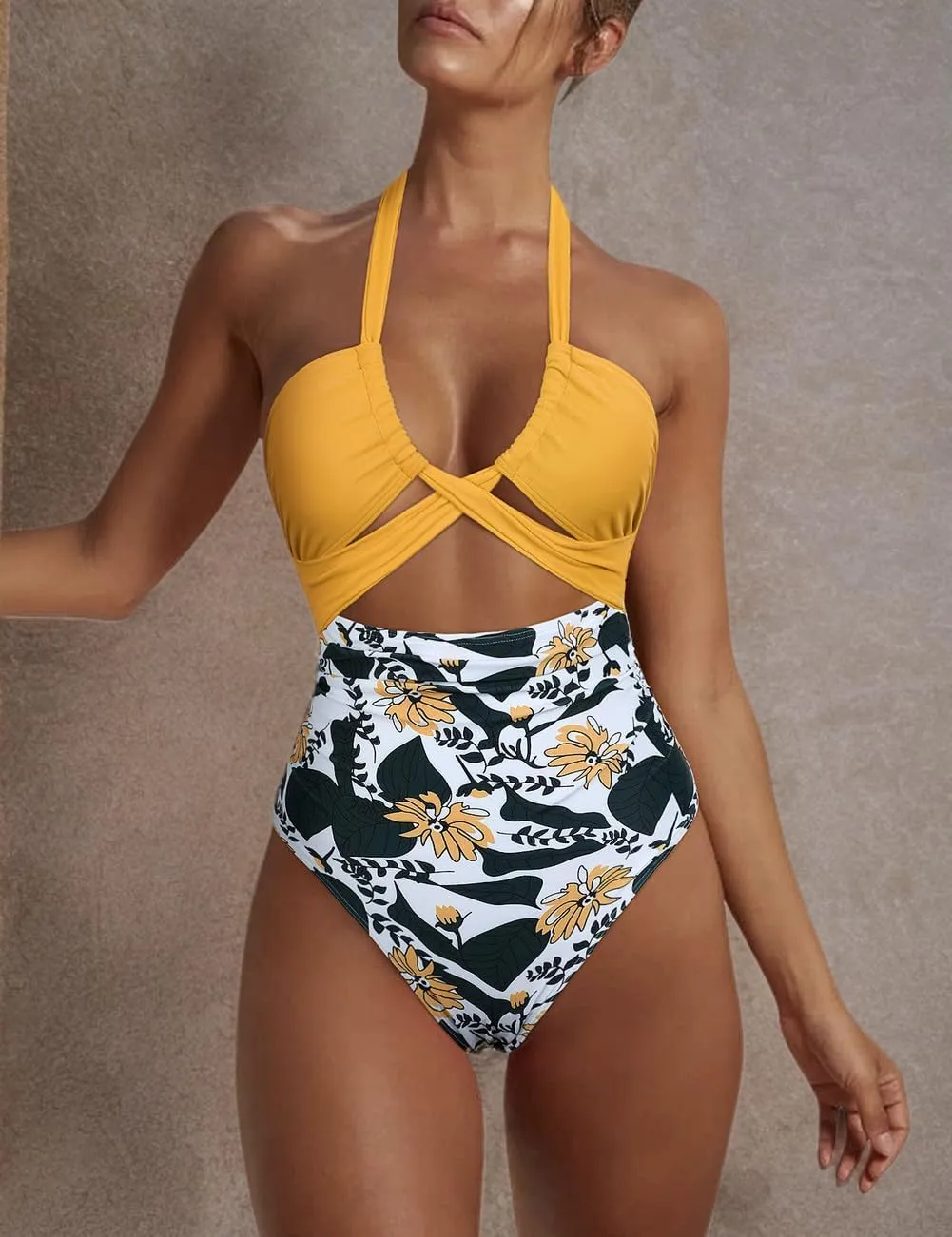 Hilor Women's One Piece Swimsuit Sexy Cutout Halter Bathing Suits Crossover High Cut Monokini Swimwear