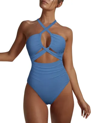 Hilor Women's One Piece Swimsuit Sexy Cutout Halter Bathing Suits Crossover High Cut Monokini Swimwear