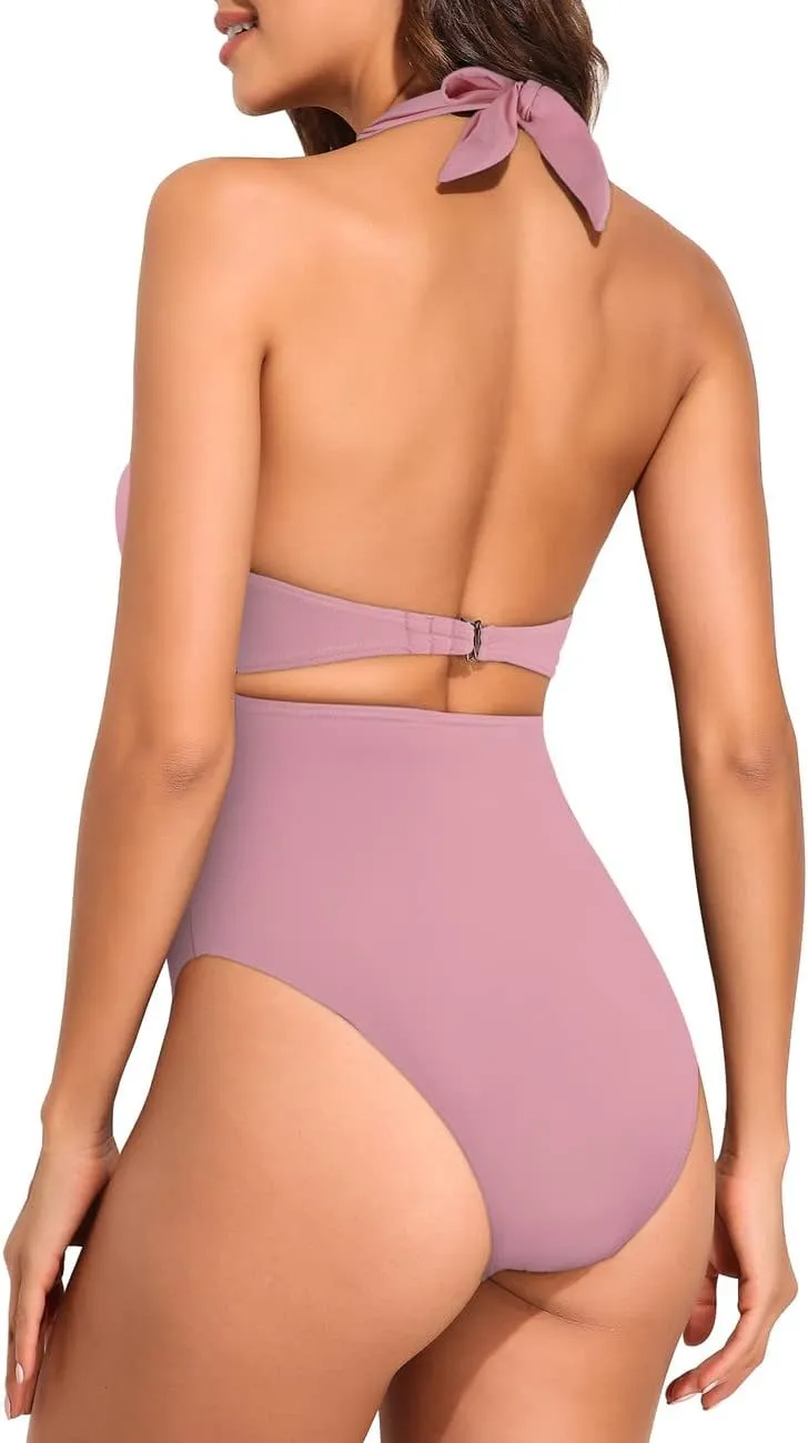 Hilor Women's One Piece Swimsuit Sexy Cutout Halter Bathing Suits Crossover High Cut Monokini Swimwear