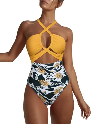 Hilor Women's One Piece Swimsuit Sexy Cutout Halter Bathing Suits Crossover High Cut Monokini Swimwear