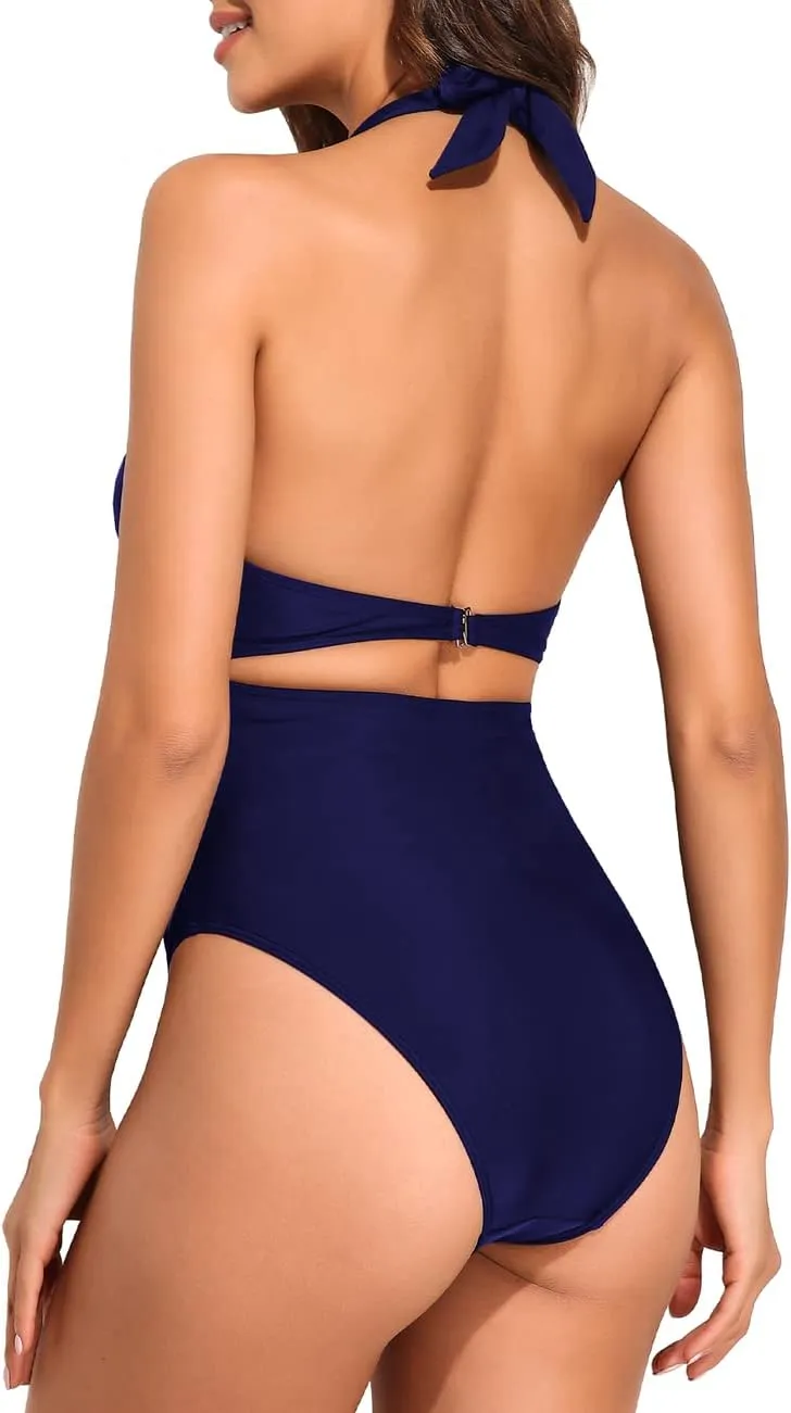 Hilor Women's One Piece Swimsuit Sexy Cutout Halter Bathing Suits Crossover High Cut Monokini Swimwear