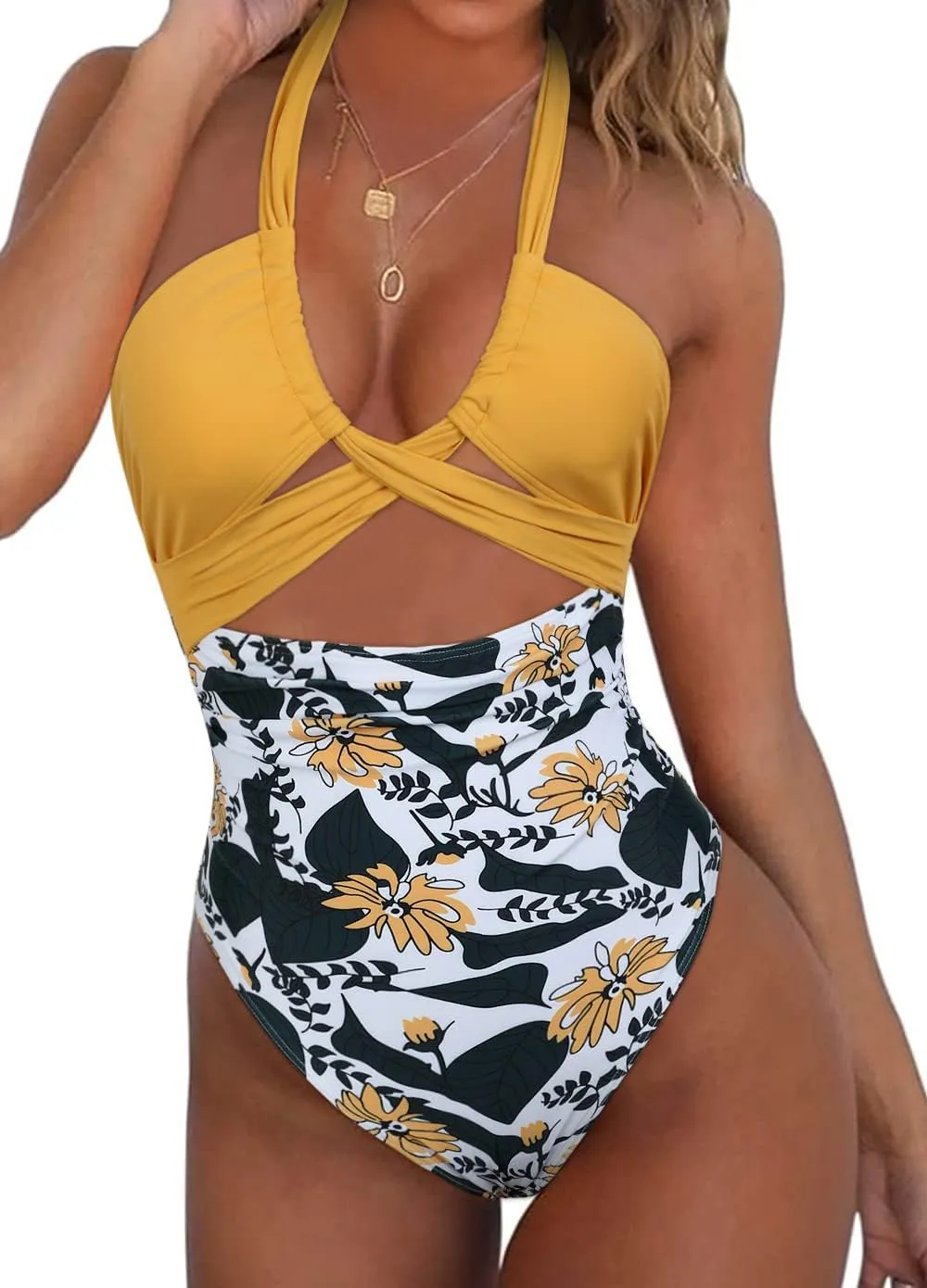 Hilor Women's One Piece Swimsuit Sexy Cutout Halter Bathing Suits Crossover High Cut Monokini Swimwear