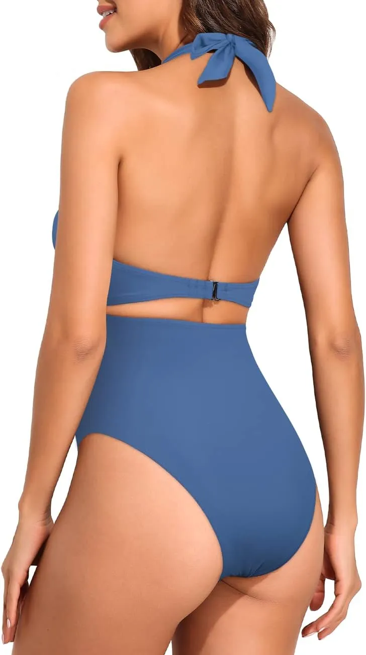 Hilor Women's One Piece Swimsuit Sexy Cutout Halter Bathing Suits Crossover High Cut Monokini Swimwear