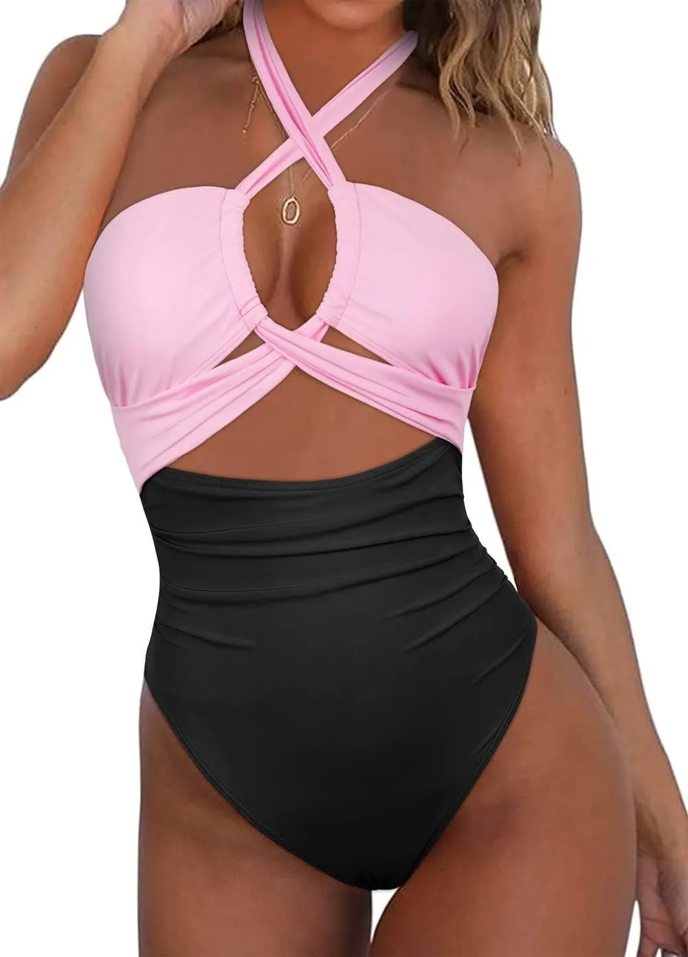 Hilor Women's One Piece Swimsuit Sexy Cutout Halter Bathing Suits Crossover High Cut Monokini Swimwear