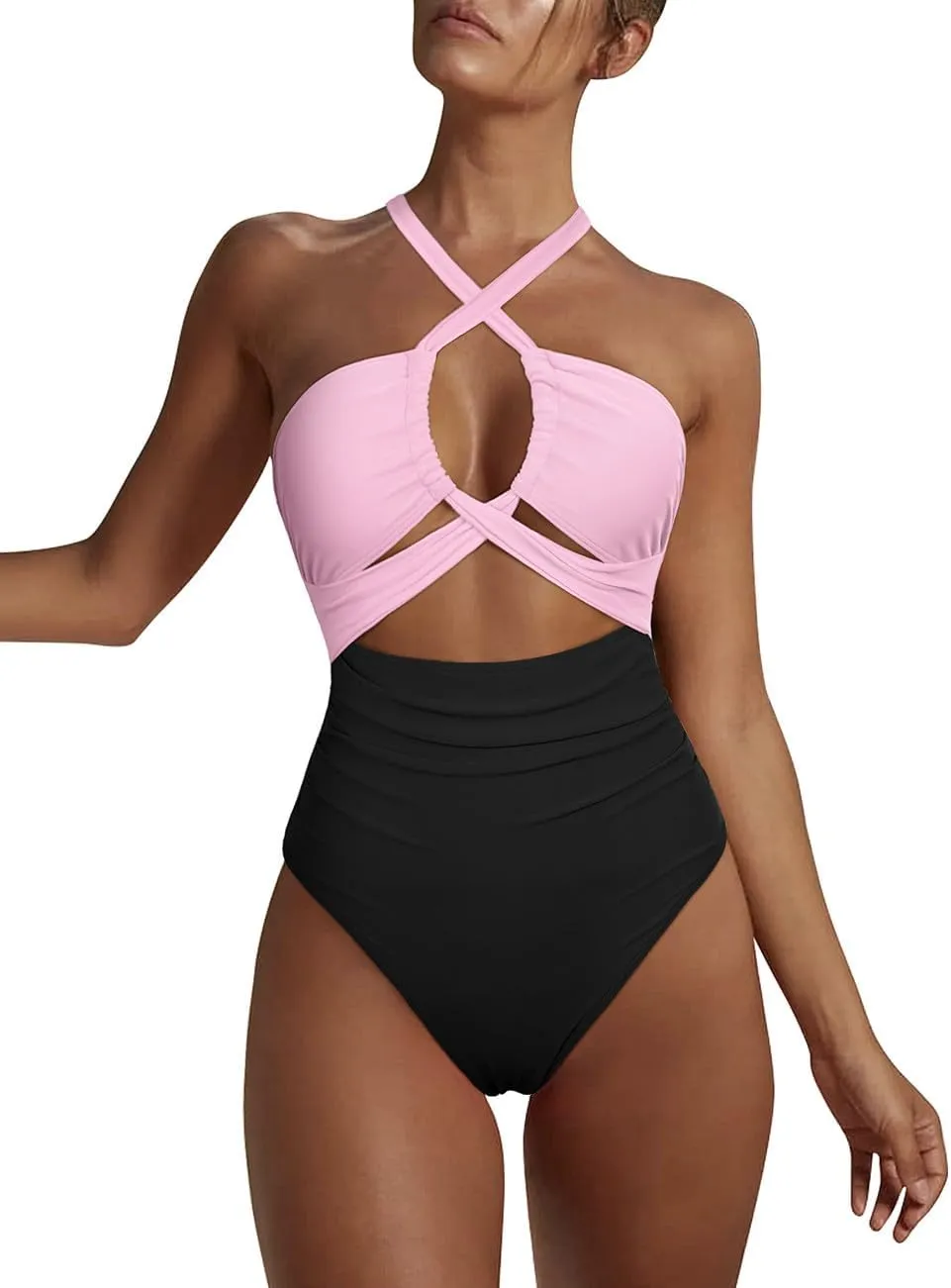 Hilor Women's One Piece Swimsuit Sexy Cutout Halter Bathing Suits Crossover High Cut Monokini Swimwear